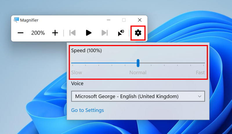 Click the Settings icon then adjust the Speed slider to change the reading speed